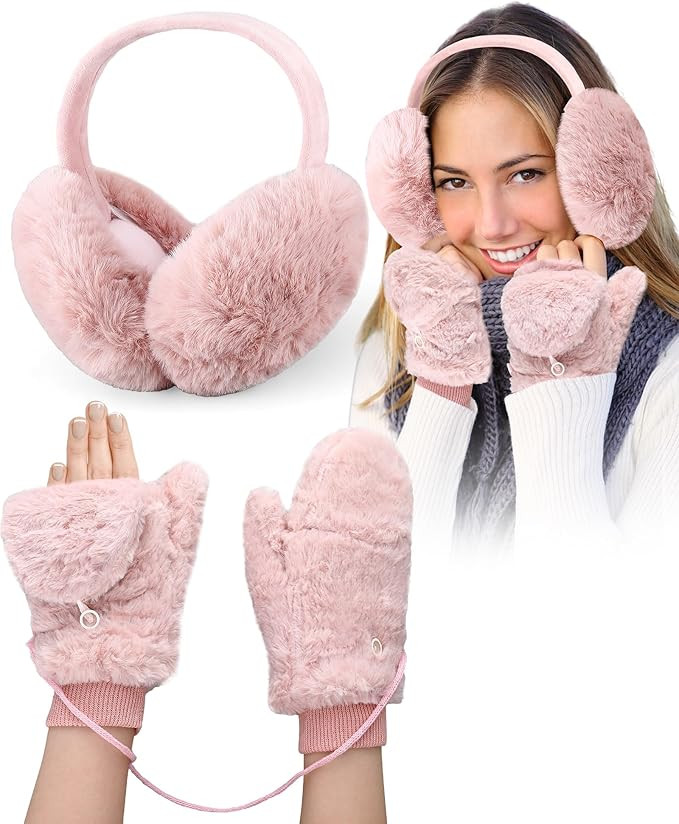 2 Pcs Winter Ear Muffs Mittens Set Faux Fur Flip Mittens Fuzzy Cute Fluffy Earmuffs Convertible W... | Amazon (US)