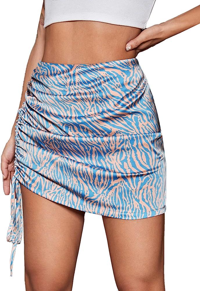 Milumia Women Zebra Print Drawstring Ruched Side Mini Skirt Bodycon Satin Skirt | Amazon (US)