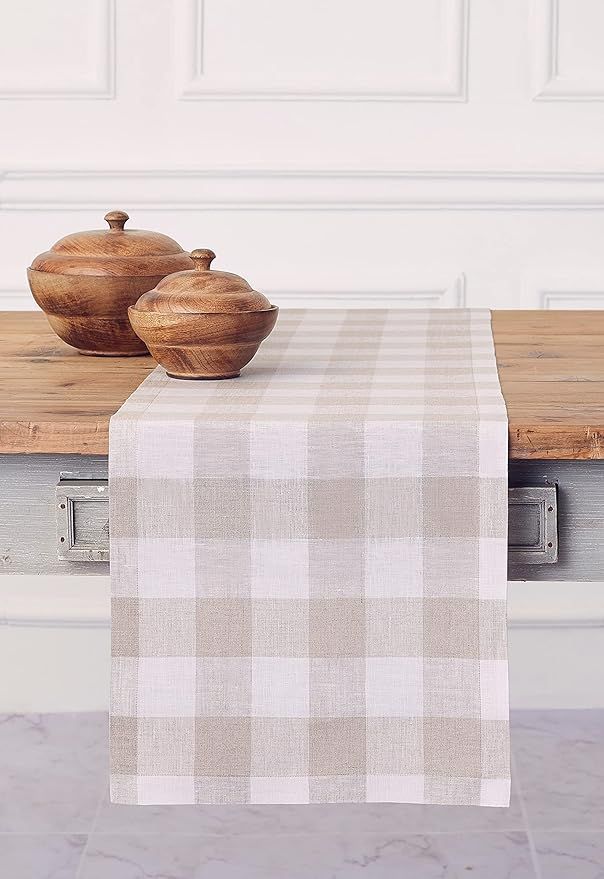 Solino Home Buffalo Check Table Runner 14 x 120 Inch – Natural and White, Handcrafted Machine W... | Amazon (US)