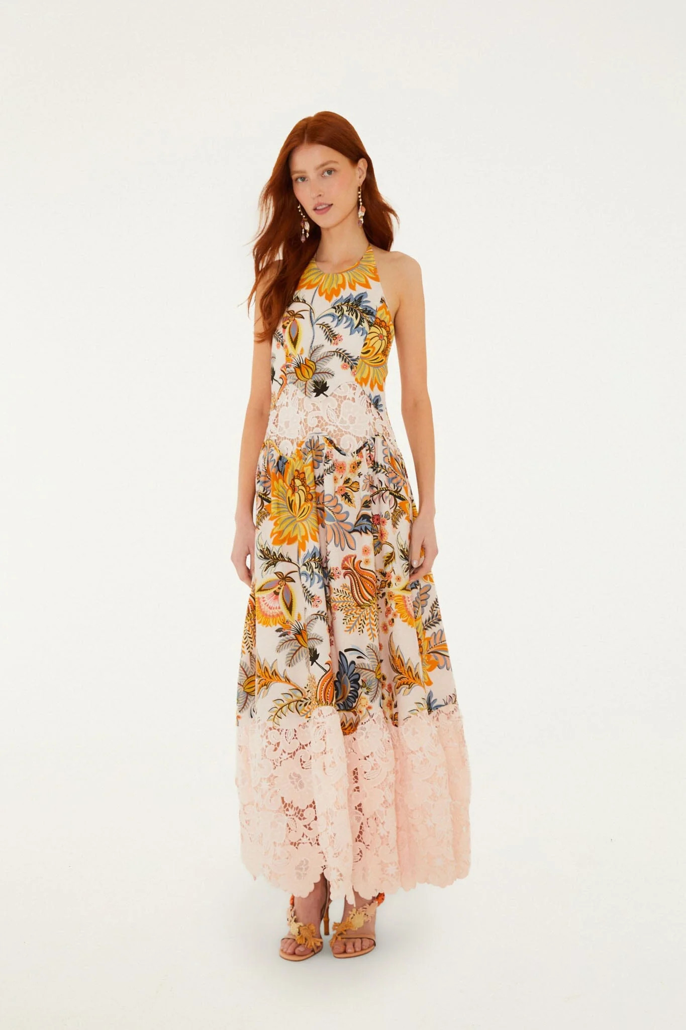 Light Pink Ligia Floral Lace Lenzing Ecovero Euroflax Maxi Dress | FARM Rio | FarmRio (US)