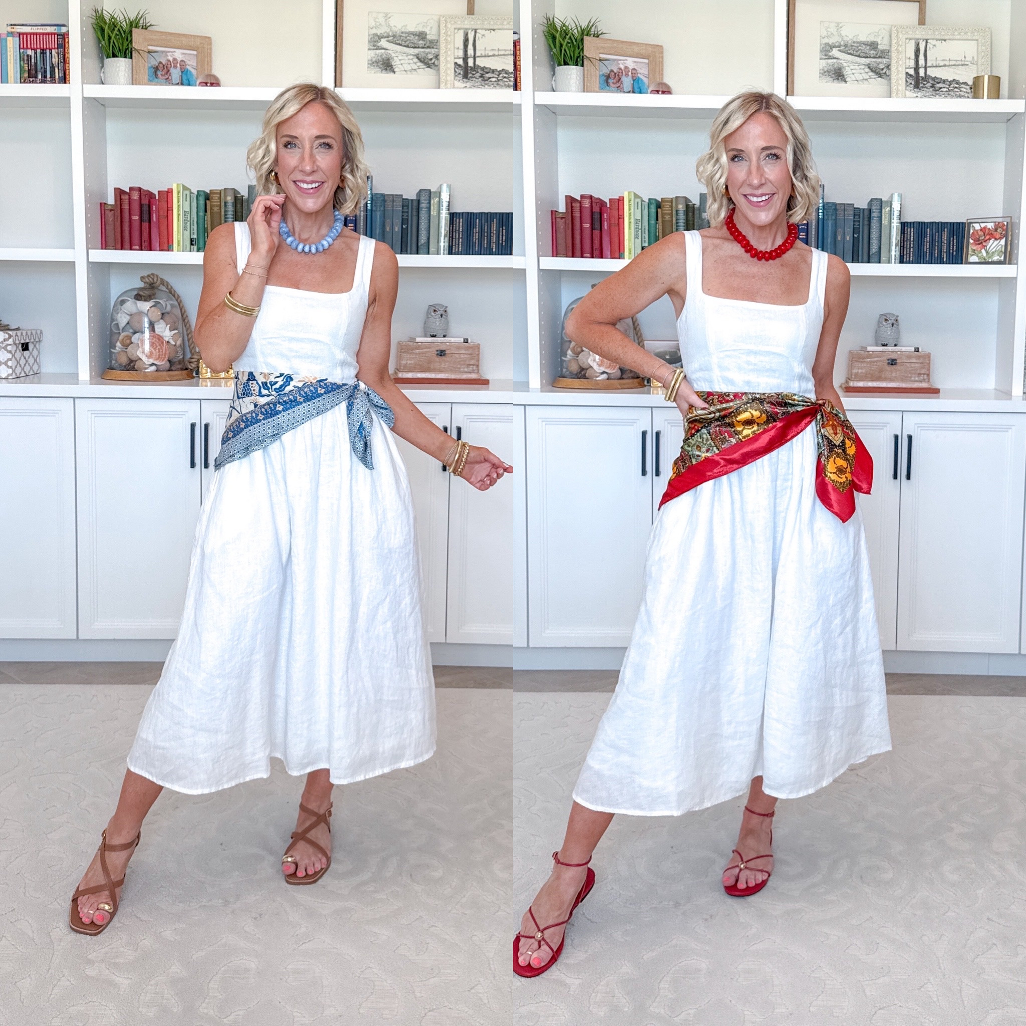 One White Dress - 6-ish ways to wear it: * 100% European Linen Fit & Flare Midi Dress - size XS. 11 colors. Scarf (at waist) - linking both necklaces and both scarves. 
#LTKSeasonal#LTKOver40#LTKTravel