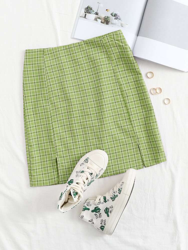 Zip Back Split Hem Plaid Skirt | SHEIN