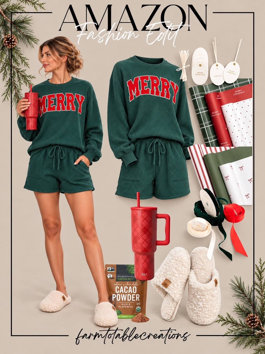 Amazon Gift Wrapping Night Essentials 🎄🎁

There’s something so magical about a cozy Christmas gift wrapping night! ❤️✨ I’m loving this festive green “MERRY” lounge set paired with the softest fuzzy slippers, a holiday tumbler, and a warm cup of hot cocoa. It’s the perfect outfit for turning a night of wrapping presents into a fun Christmas tradition!

Add some beautiful holiday wrapping paper, velvet ribbons, and gift tags, put on your favorite Christmas movie, and settle in for an evening of festive fun! These Amazon finds are perfect for making those little holiday moments feel extra special. 🎀

Follow @farmtotablecreations on Instagram for more cozy home finds and trending decor.

#LTKHoliday #LTKStyle #AmazonFinds #AmazonFashion #AmazonChristmas #GiftWrappingNight #ChristmasTraditions #HolidayLoungewear #CozyChristmas #ChristmasGiftWrapping #HolidayEssentials #ChristmasPajamas #ChristmasWrappingPaper #HolidayGiftIdeas #ChristmasAtHome #CozyHolidayVibes #AmazonMustHaves