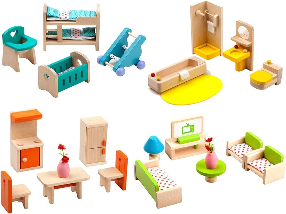 Giraffe 4 Set Colorful Wooden Doll House Furniture, Wood Miniature Bathroom/Living Room/Bedroom/K... | Amazon (US)