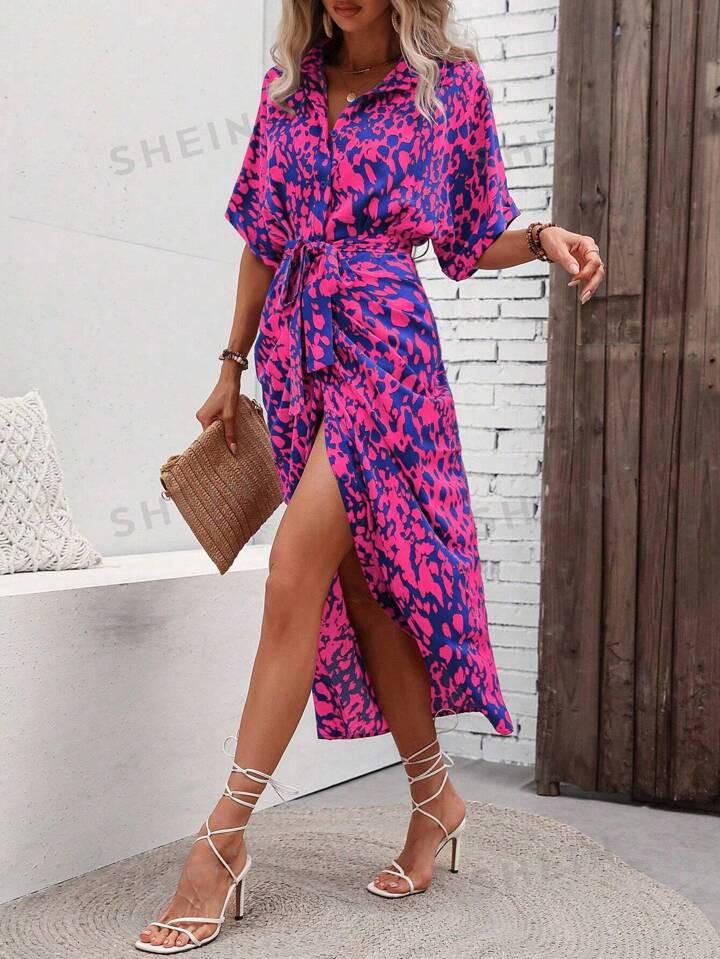 SHEIN VCAY Allover Print Batwing Sleeve Belted Shirt Dress | SHEIN