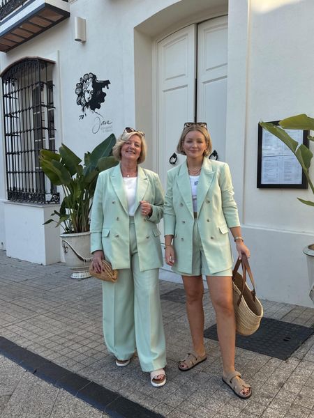 Spring summer holiday and occasionwear outfits - mint green blazer, trousers & tailored trousers from Laura Byrnes x Very edit, loewe basket bag & anagram vest top, flat form espadrille sandals, ego beige sandals, cos raffia clutch  

#LTKSeasonal #LTKeurope #LTKstyletip