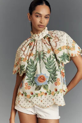 Farm Rio Short-Sleeve High-Neck Printed Blouse | Anthropologie (US)