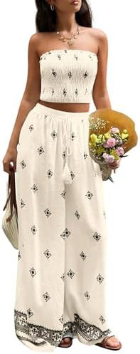 PRETTYGARDEN 2 Piece Sets for Women Summer 2026 Travel Outfits Print Tube Tops Wide Leg Pants Bea... | Amazon (US)