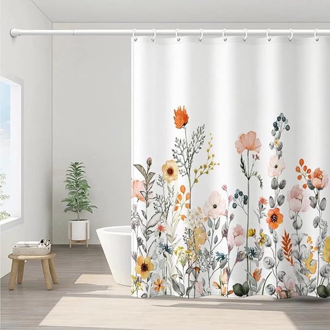 Shower Curtains, Fabric Shower Curtain Liner Flowers and Plants White Shower Stall Curtain with 1... | Amazon (US)