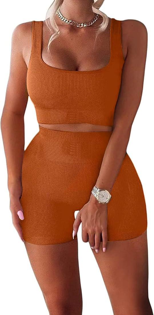 TWFRHC Women's Workout Sets Ribbed Tank 2 Piece Seamless High Waist Gym Outfit Yoga Shorts Sets | Amazon (US)