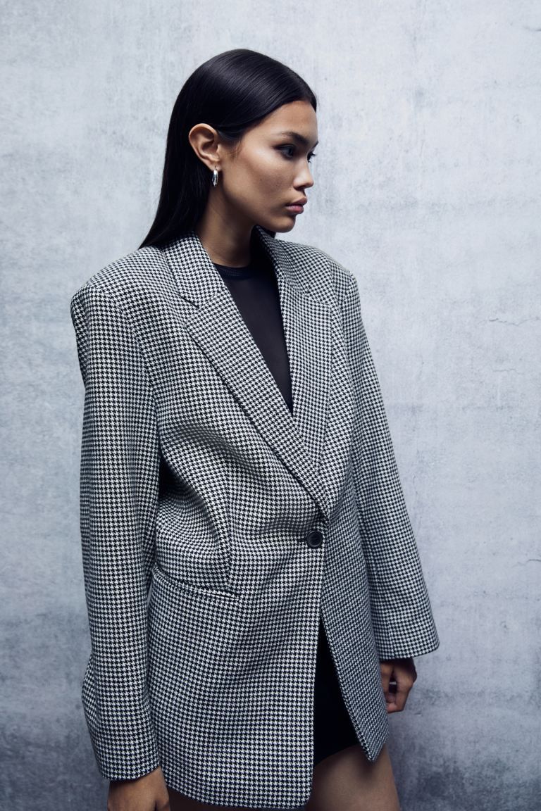 Oversized twill blazer - Black/Dogtooth-patterned - Ladies | H&M GB | H&M (UK, MY, IN, SG, PH, TW, HK)