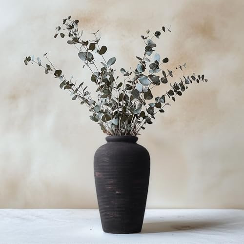 Large Ceramic Rustic Vase, 11" Black Terracotta Farmhouse Flower Vase, Modern Boho Pottery Decor for Living Room, Bathroom, Office, Shelf, Mantel | Amazon (US)