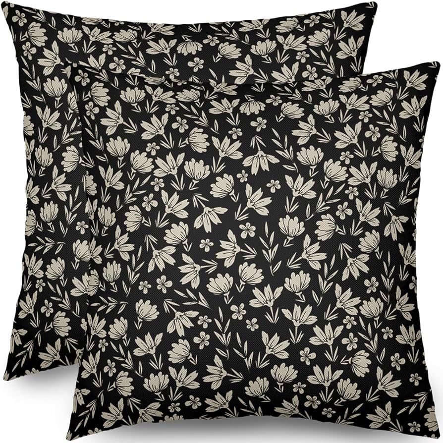 Black Floral Block Print Pillow Covers 18x18 Set of 2 Vintage Flower Rustic Old Style Black Cream... | Amazon (US)