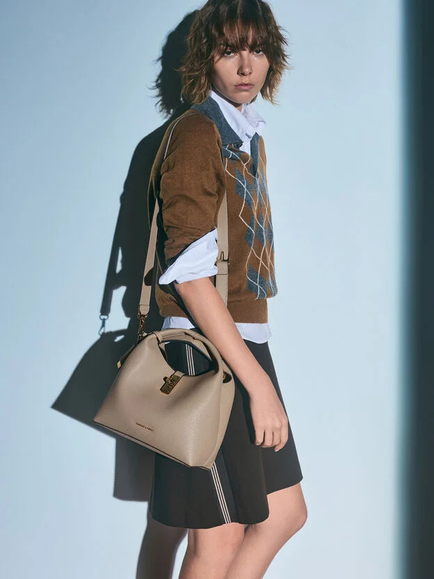 Taupe Chance Turn-Lock Bucket Bag | CHARLES & KEITH | Charles & Keith US