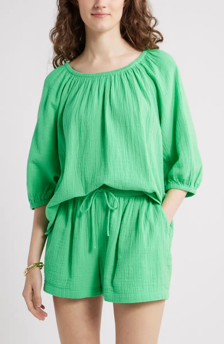 Gathered Elbow Sleeve Gauze Top | Nordstrom