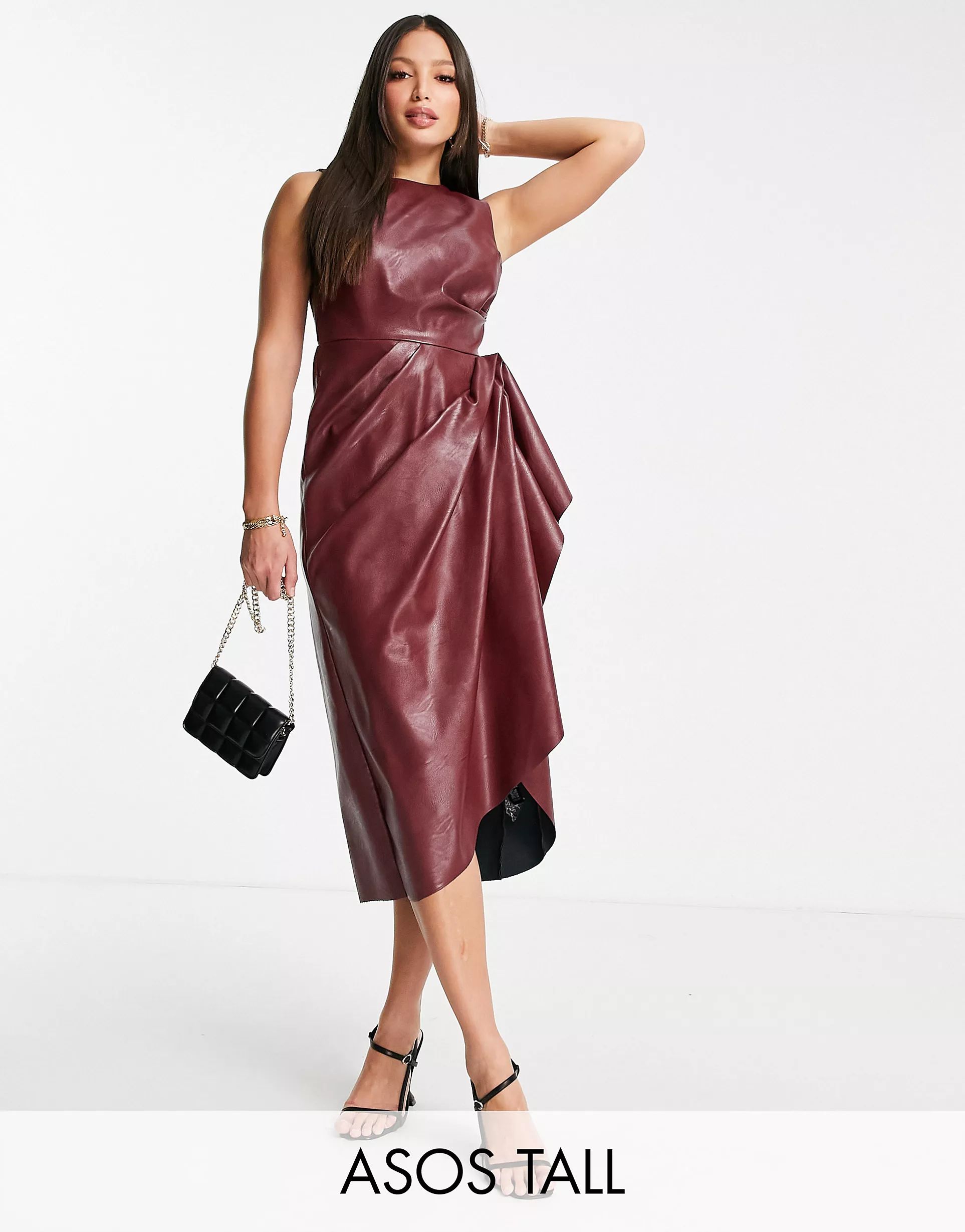 ASOS DESIGN Tall high neck PU midi dress with tuck detail skirt | ASOS (Global)