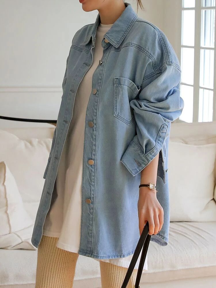 DAZY Dual Pocket Drop Shoulder Denim Coat | SHEIN