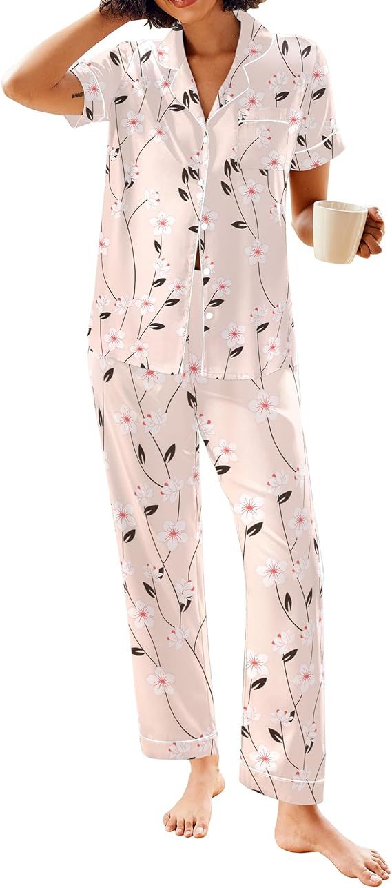 Ekouaer Silk Satin Pajamas Set Floral Print Button Down Pjs Soft Loungewear | Amazon (US)
