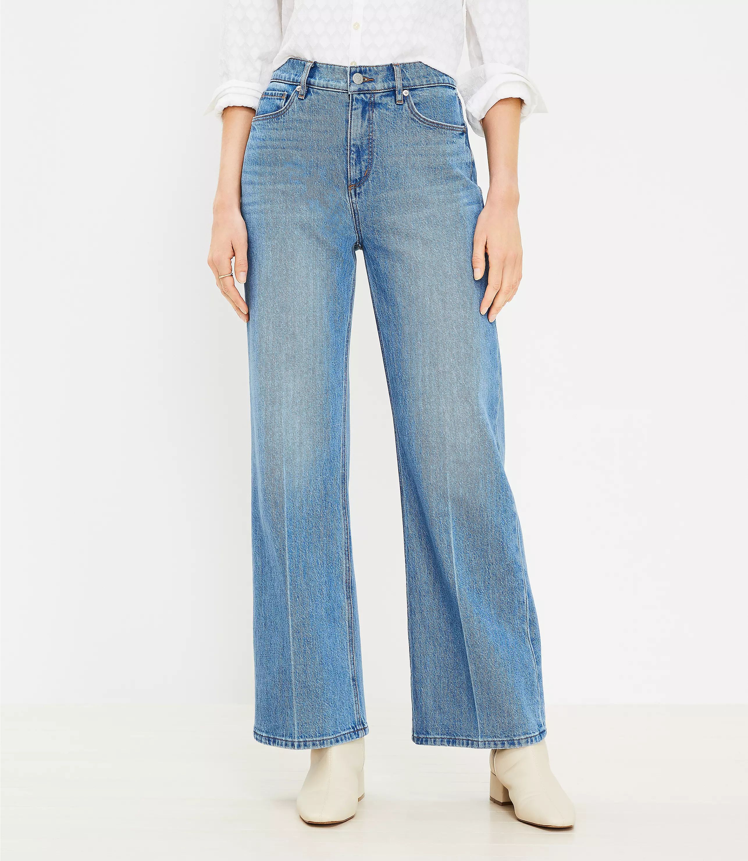 Short High Rise Wide Leg Jeans in Authentic Mid Indigo Wash | LOFT