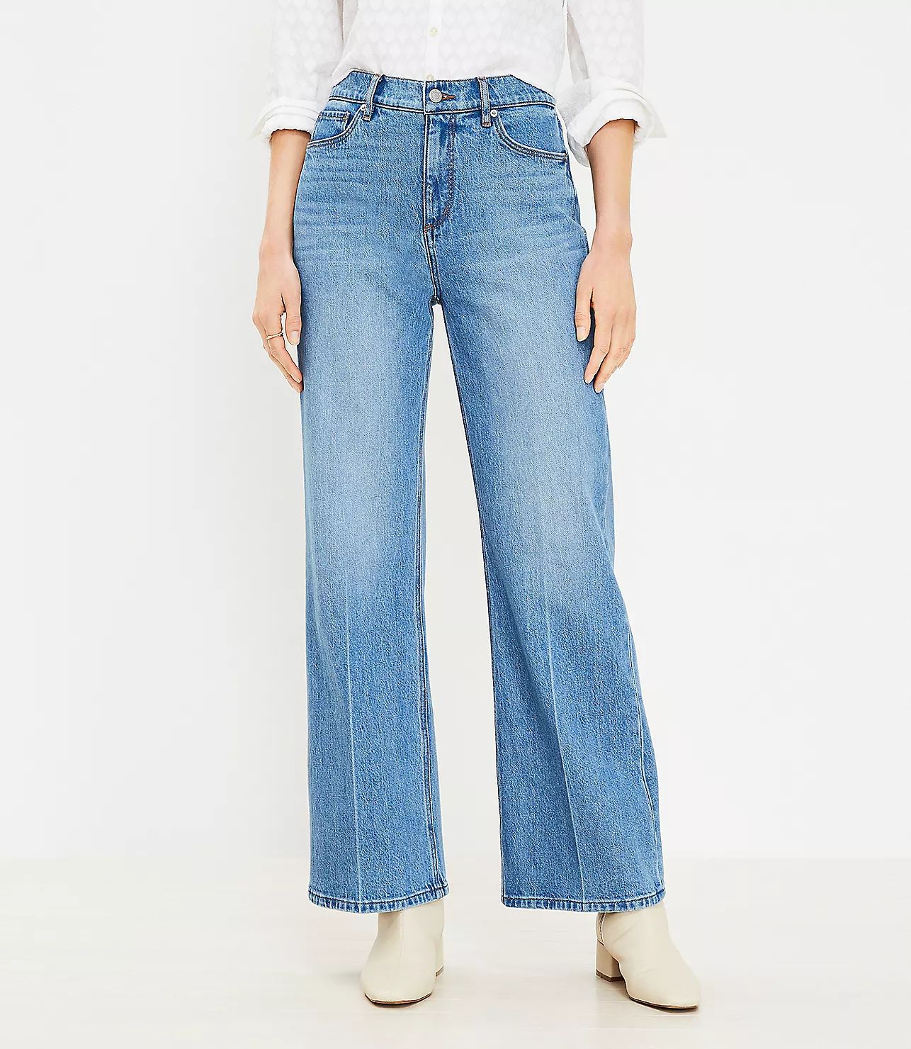 Short High Rise Wide Leg Jeans in Authentic Mid Indigo Wash | LOFT