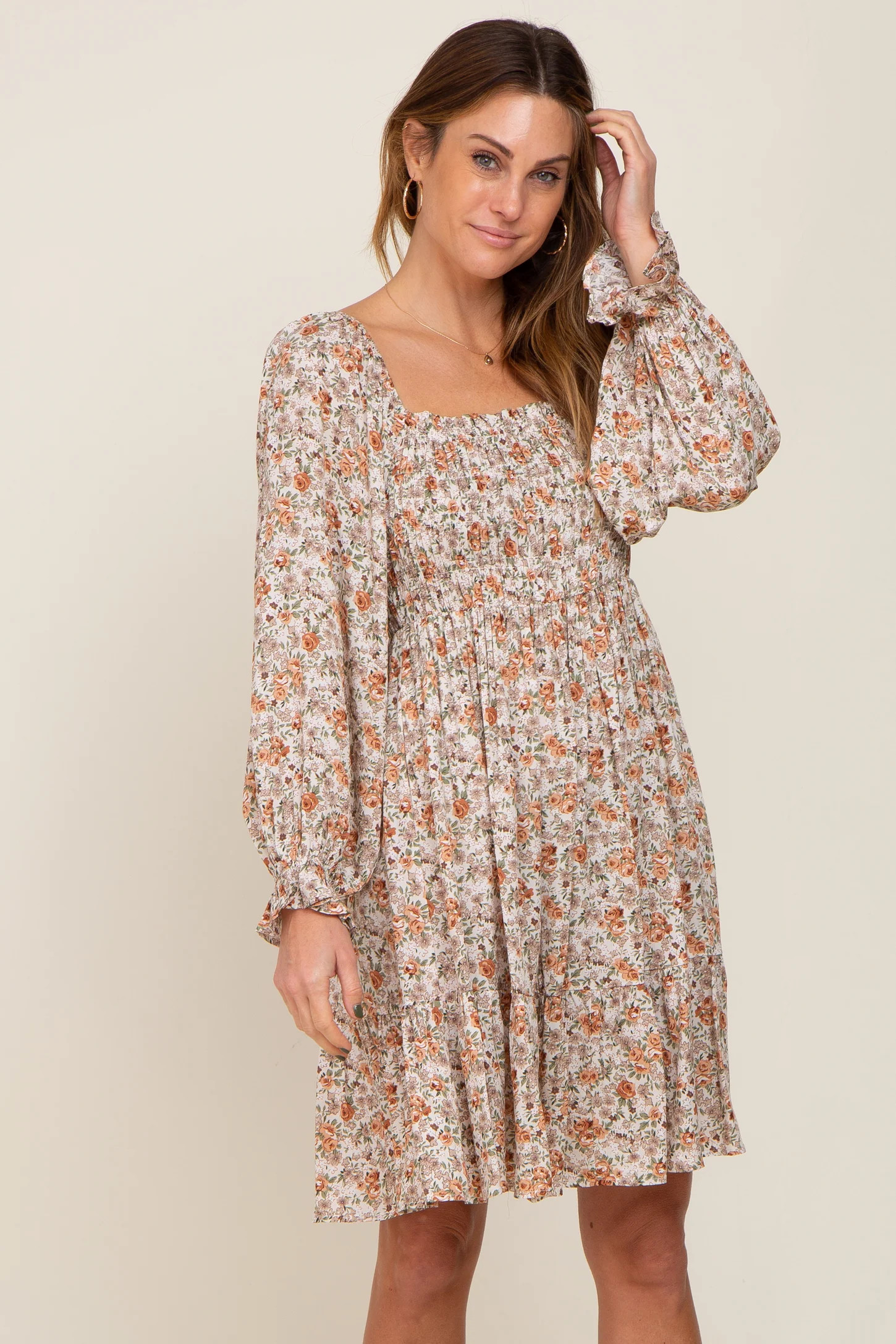 Beige Floral Smocked Square Neck Dress | PinkBlush Maternity