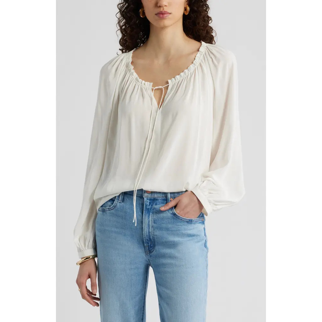 Nordstrom Gathered Tie Neck Top in Ivory Tofu at Nordstrom, Size Small/medium | Nordstrom
