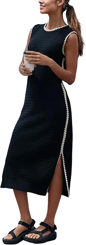 Watashi Women's Tank Knit Dress Sleeveless Round Neck Long Dress Side Split Scalloped Edge Mini D... | Amazon (US)