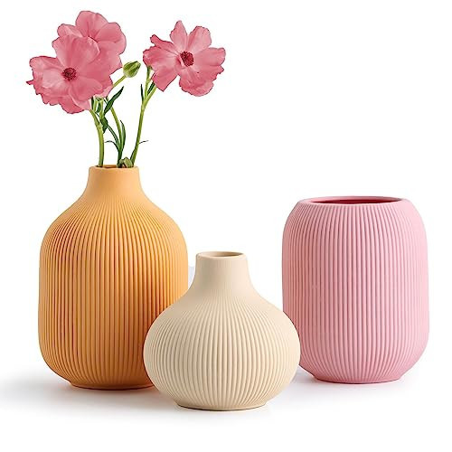 Ceramic Vase for Decor,Small Boho Vases Set for Home,Modern Minimalist Farmhouse Decoration,Decorative Bud Vases for Shelf Decor,Table, Bookshelf, Mantel and Entryway(Pink+Light Yellow+Orange) | Amazon (US)