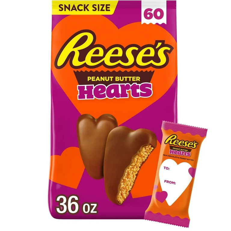 REESE'S Milk Chocolate Snack Size Peanut Butter Hearts, Valentine's Candy Bag, 36 oz (60 Pieces) | Walmart (US)