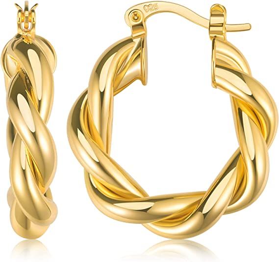 Twisted Hoop Earrings 18K Gold Croissant Earrings Big Chunky Hoop Earrings for Women | Amazon (US)
