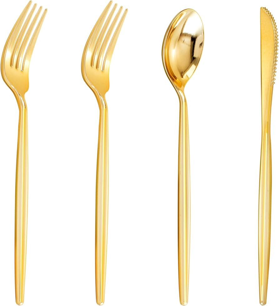 U-QE 120Pcs Gold Plastic Silverware, Luxury Gold Plastic Cutlery, Heavy Weight Plastic Flatware, ... | Amazon (US)