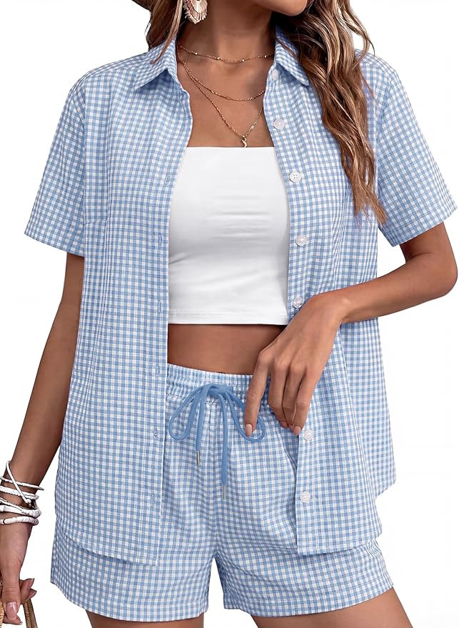 Rapbin Women's 2 Piece Summer Outfits Button Down Short Sleeve Shirt Set, Suitable for Office, Tr... | Amazon (US)