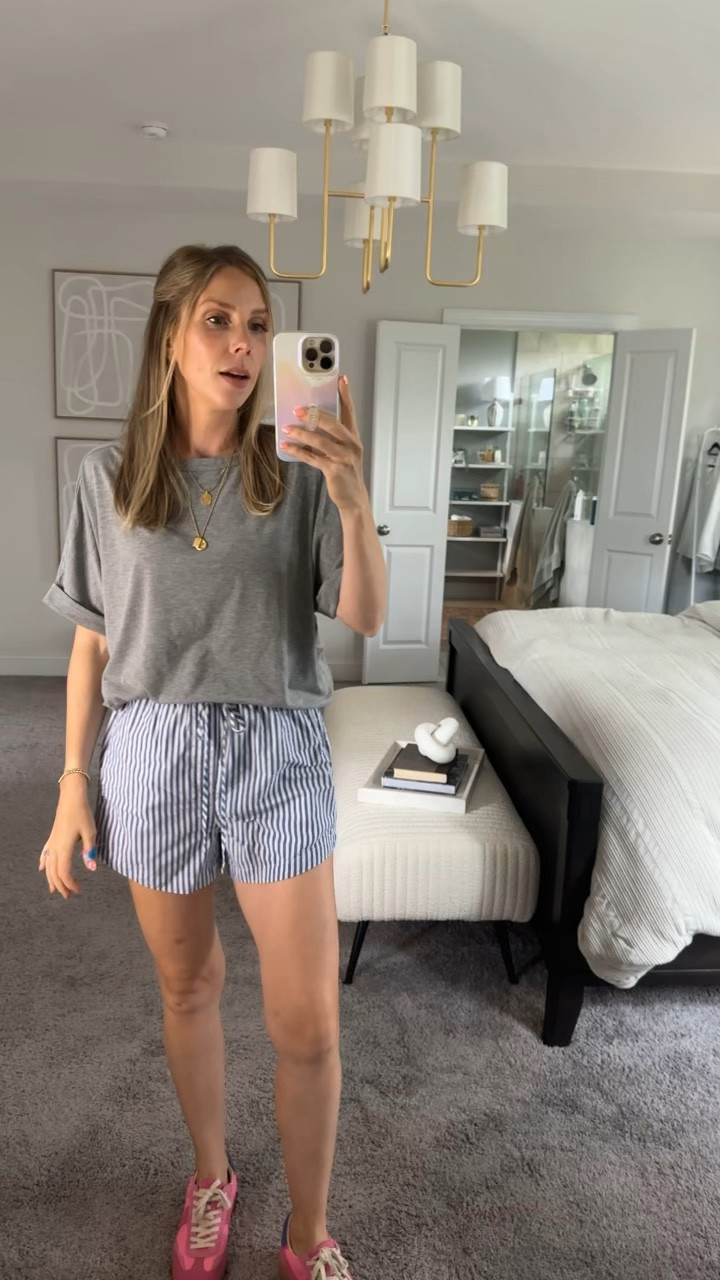 Perfect casual tee (wearing a small - washes well). Shorts and sneakers fit TTS