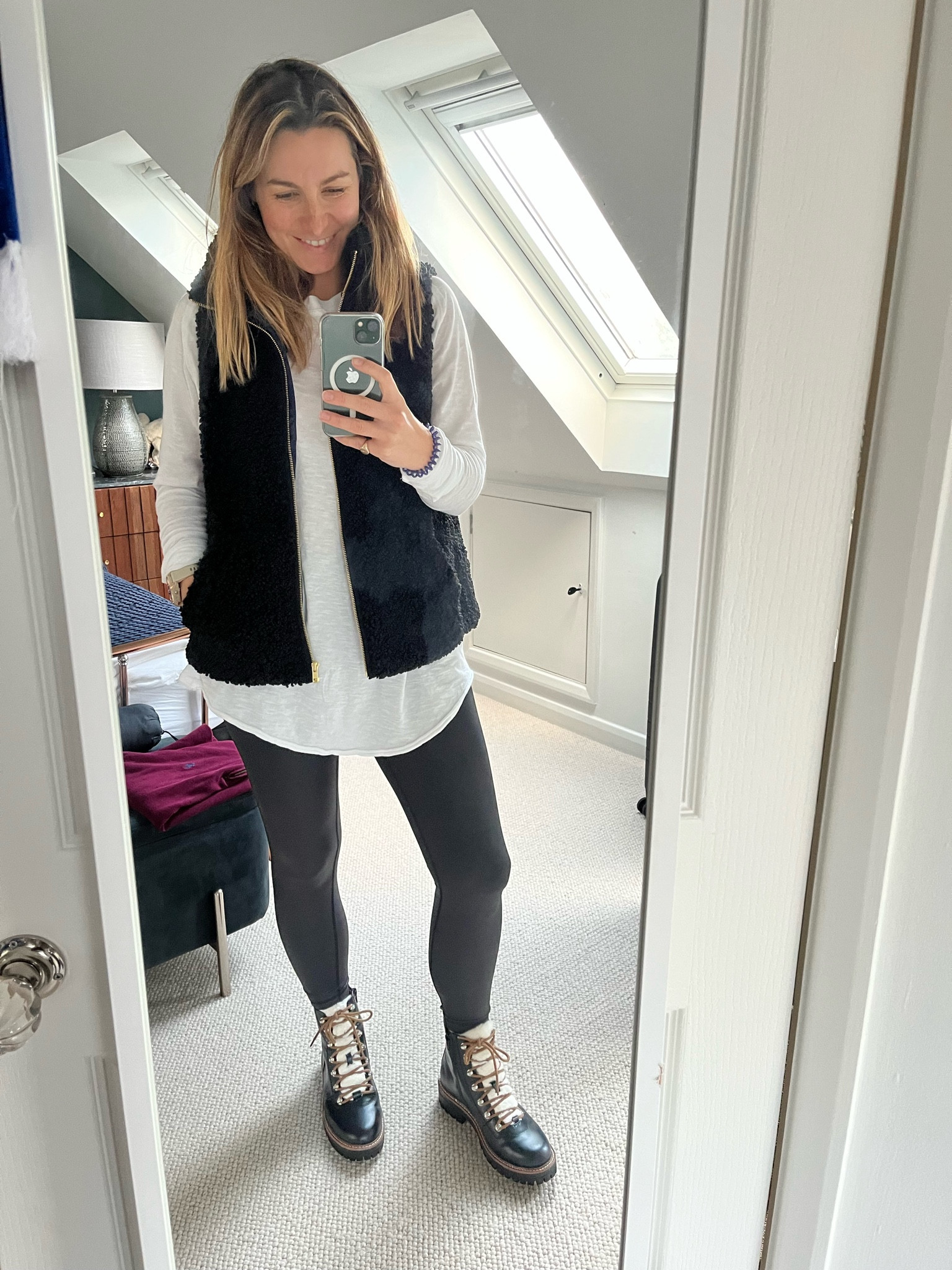 Outfit of the day : Lululemon foil leather look leggings, long sleeve and black teddy gilet with hiking boots. 

#LTKeurope #LTKshoecrush #LTKfit