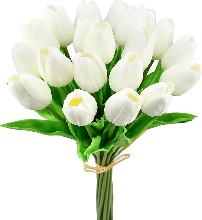 Mandy's Artificial Tulips 20 Stems White PU Faux Flowers for Valentine's Day and Easter Decoratio... | Amazon (US)