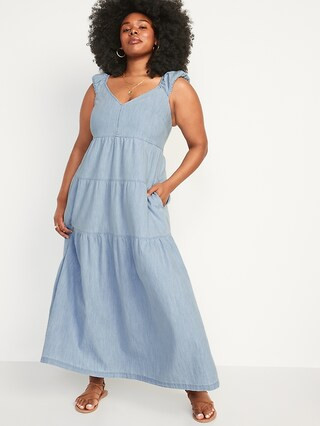 Chambray Tiered All-Day Fit & Flare Maxi Dress for Women | Old Navy (US)