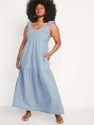 Chambray Tiered All-Day Fit &#x26; Flare Maxi Dress for Women | Old Navy (US)