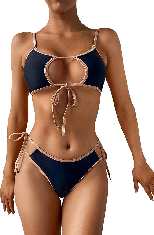 Floerns Women's Two Piece Contrast Binding Cut Out Self Tie Bikini Swimsuit | Amazon (US)