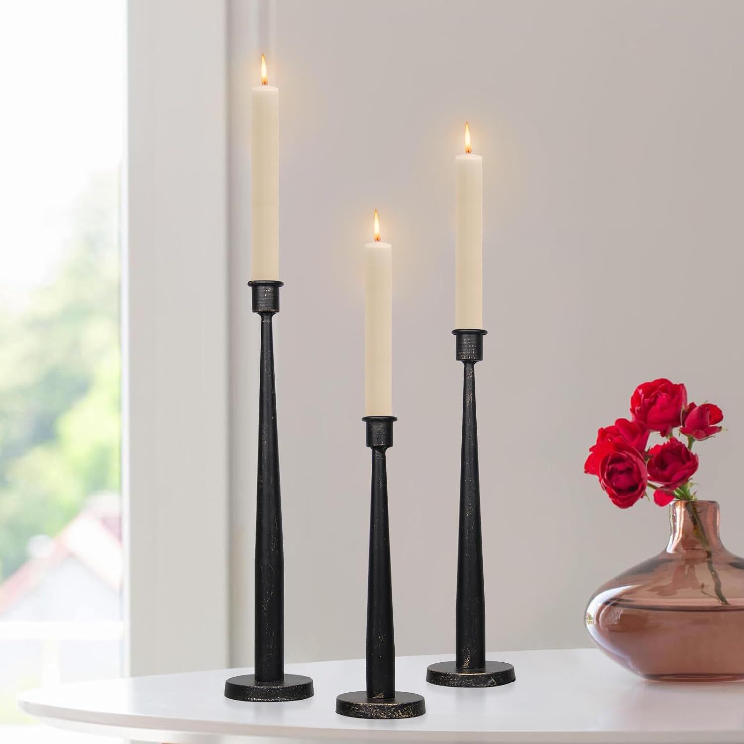 3 PCS Iron Taper Candle Holder, 10”, 12”, 14” High Black Metal Candlestick Holders Set of 3... | Amazon (US)