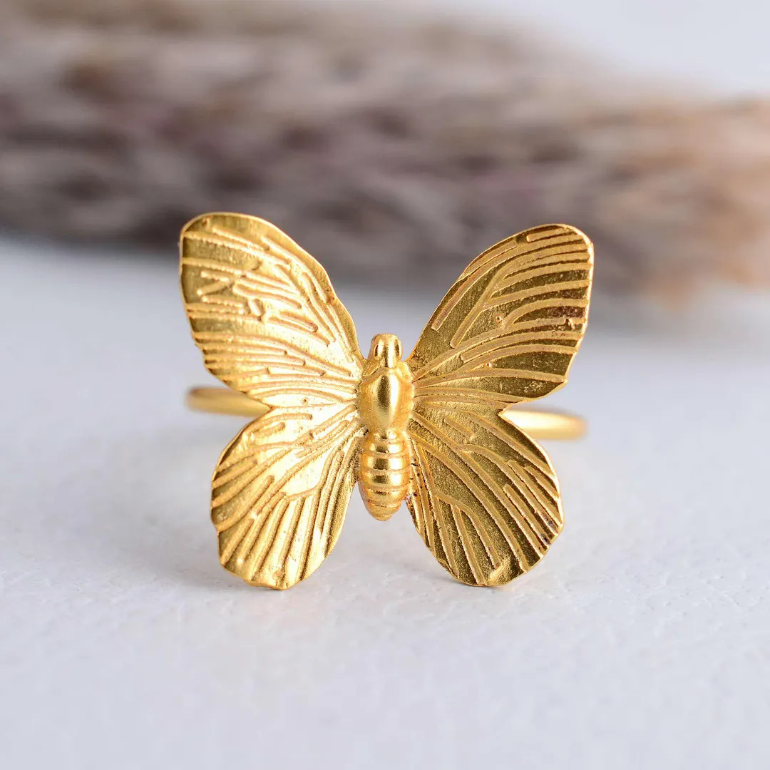 Butterfly Statement Ring Gold Plated Brass Floral Nature Inspired Insect Ring Dainty Handmade Jew... | Etsy (US)
