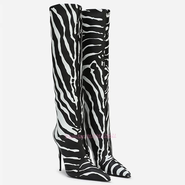 Zebra Print Pointed-Toe Stiletto Boots Slip-On Stylish Knee High Boots All-Match Boots | AliExpress (US)