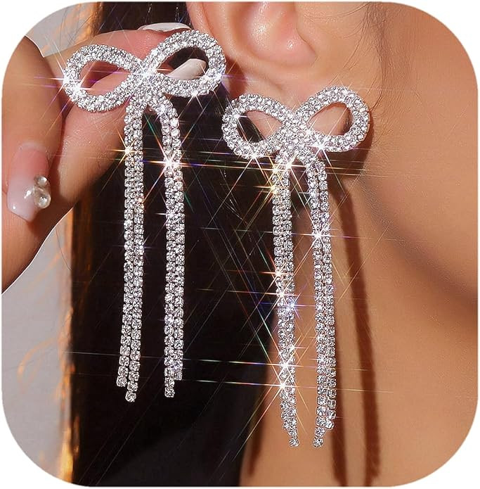 Bow Earrings Rhinestone Bow Earrings Bow Stud Earring Bow Dangle Drop Statement Earrings for Wome... | Amazon (US)