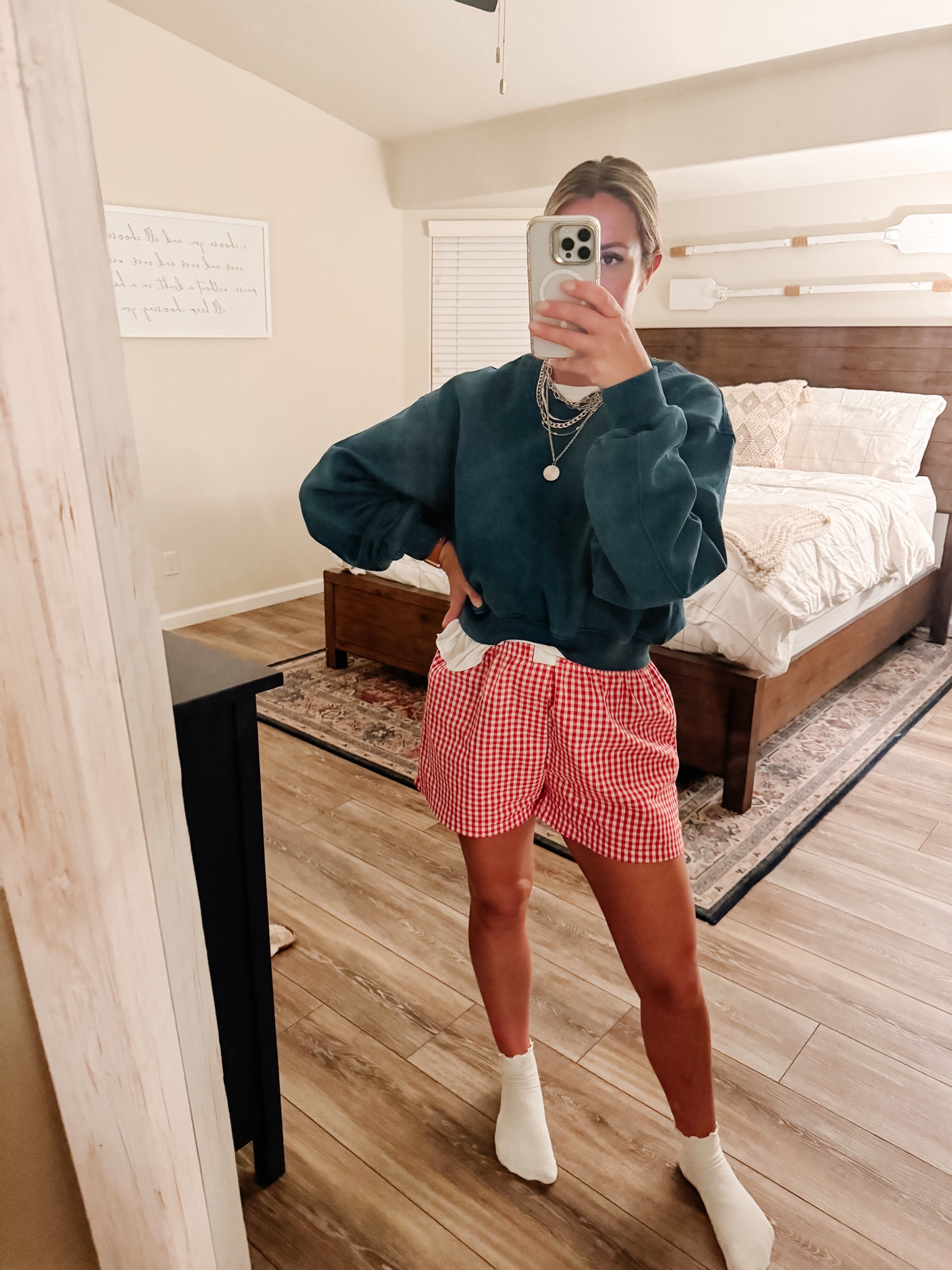 Checkered boxer short outfit inspo: wearing medium in sweatshirt and shorts. I recommend sizing up one in the shorts!❤️🤍 #boxers #ootd #springoutfit #spring 

#LTKfindsunder50 #LTKstyletip #LTKSeasonal