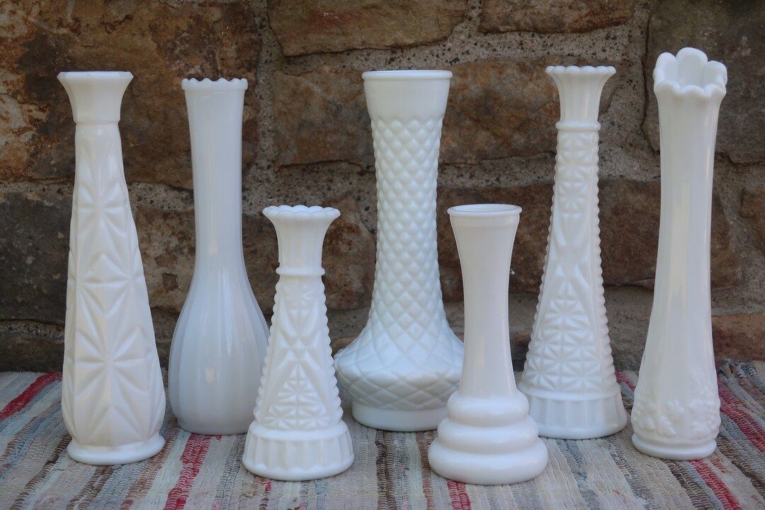 White Milk Glass Vases Vintage Wedding Decor Instant Collection of 7 Flower Bud Vases | Etsy (US)