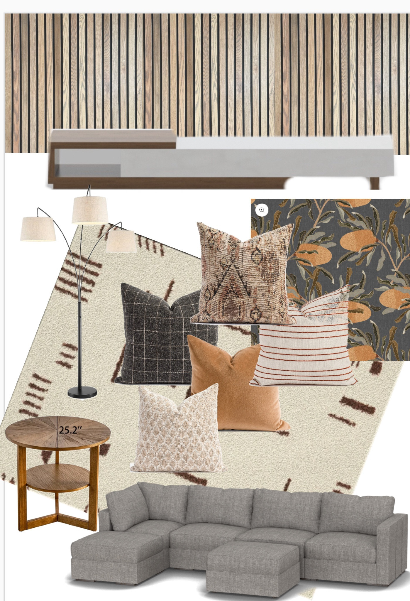 Modern midcentury cozy living room design. 
Modern geometric shag rug on sale 
Modular sectoral sofa- customize
Designer pillow combo 
Modern media table 
Round midcentury wood side table 
3 light arc floor lamp 

#LTKsalealert #LTKhome