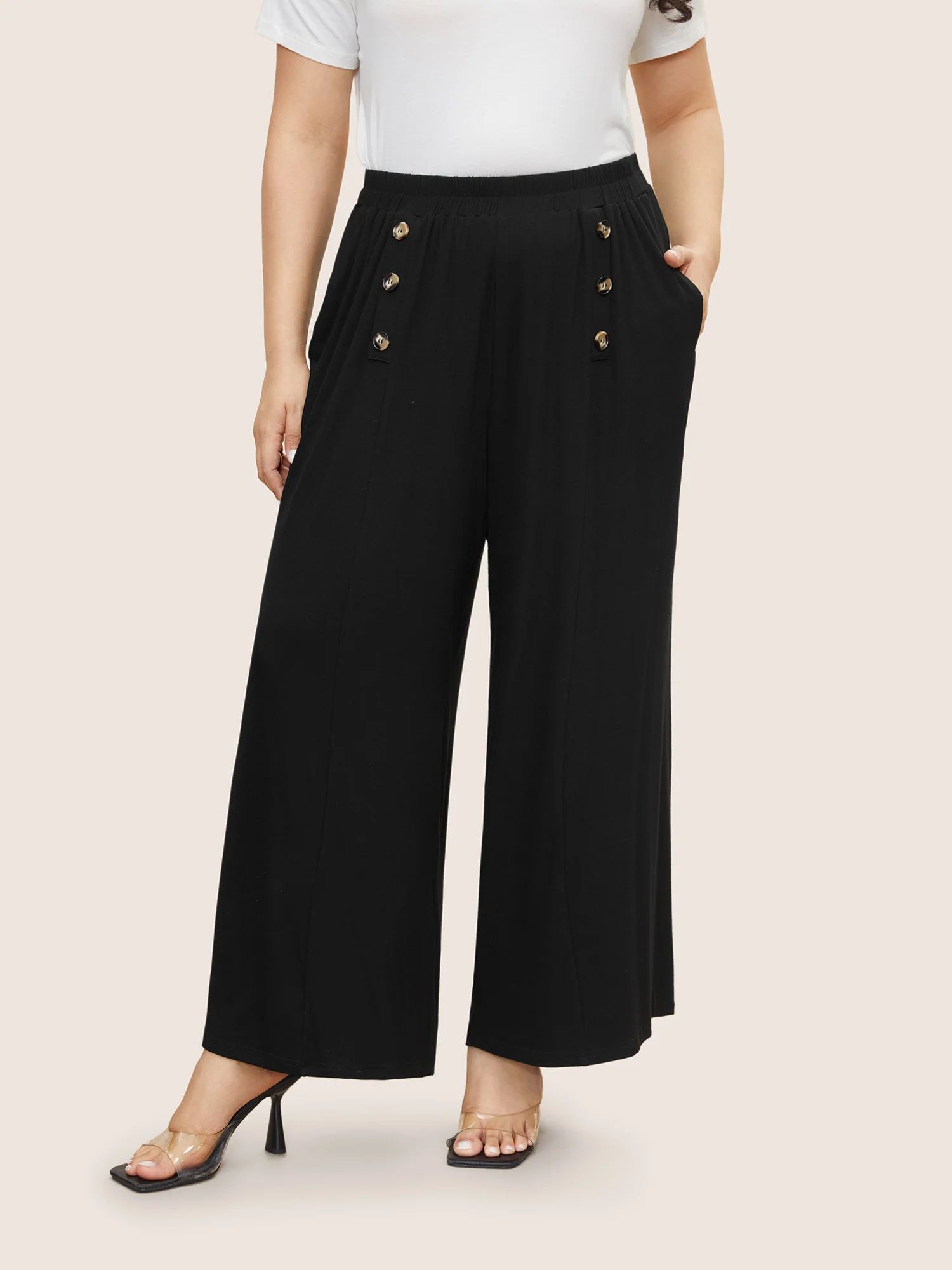 Supersoft Essentials Button Detail Wide Leg Pants | Bloomchic