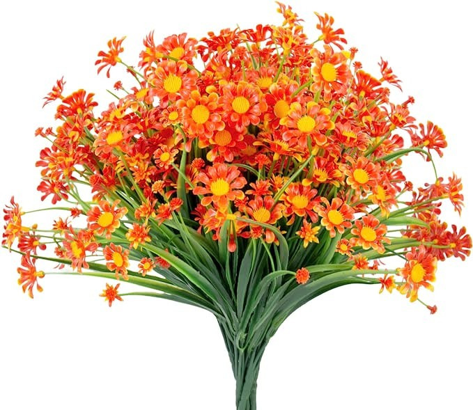 8 Bundles Artificial Daisies Orange Flowers Outdoor UV Resistant, Faux Mums Plants Plastic Fall F... | Amazon (US)