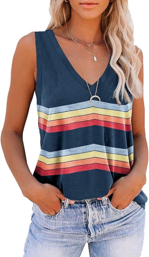 ETCYY Sleeveless Tank Tops for Women Summer Tops V Neck Tie Dye Cute Printed Loose Fit Workout Yo... | Amazon (US)