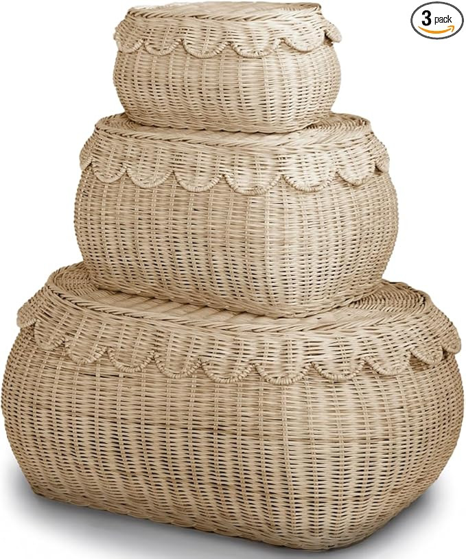 Large Scalloped Basket Set Of 3 - Hand Woven Scallop Basket - 22 x 16 x 10 In - Scalloped Wicker ... | Amazon (US)