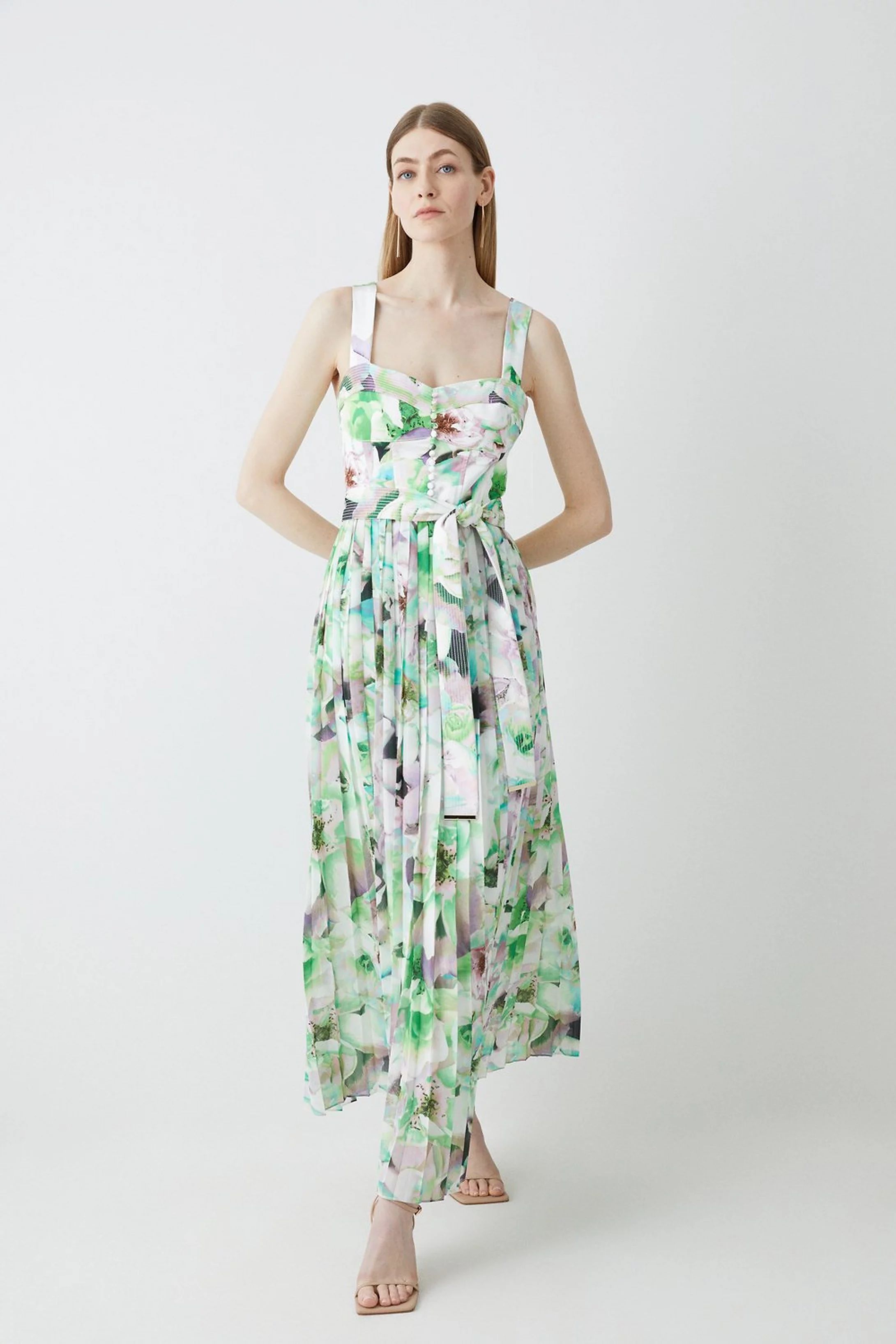 Soft Floral Top Stitch Detail Pleated Midi Dress | Karen Millen US